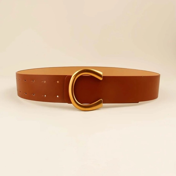 Vegan Leather Wide belt dress gold Tone Minimalist - Picture 6 of 16